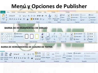 Menú y Opciones de Publisher
BARRA DE HERRAMIENTAS DE DIBUJO
BARRA DE HERRAMIENTAS DE CUADRO DE TEXTOS
 