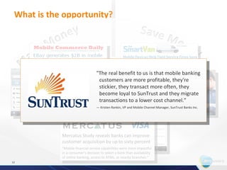 What is the opportunity?




              Mercatus Study reveals banks can improve
              customer acquisition by up to sixty percent
              “Mobile financial service capabilities were more impactful
              in a consumer's decision to select a bank than availability
              of online banking, access to ATMs, or nearby branches.”


12
 