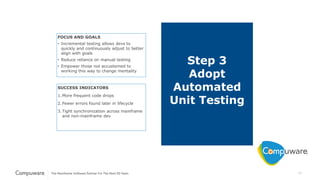 12
Step 3
Adopt
Automated
Unit Testing
FOCUS AND GOALS
• Incremental testing allows devs to
quickly and continuously adjust to better
align with goals
• Reduce reliance on manual testing
• Empower those not accustomed to
working this way to change mentality
SUCCESS INDICATORS
1.More frequent code drops
2.Fewer errors found later in lifecycle
3.Tight synchronization across mainframe
and non-mainframe dev
 