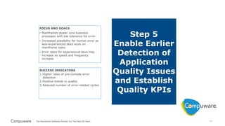 14
Step 5
Enable Earlier
Detection of
Application
Quality Issues
and Establish
Quality KPIs
FOCUS AND GOALS
• Mainframes power core business
processes with low tolerance for error
• Increased possibility for human error as
less-experienced devs work on
mainframe tasks
• Error rates for experienced devs may
increase as speed and frequency
increase
SUCCESS INDICATORS
1.Higher rates of pre-compile error
detection
2.Positive trends in quality
3.Reduced number of error-related cycles
 