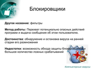 Компьютерные вирусы
Блокировщики
Другое название: фильтры
Метод работы: Перехват потенциально опасных действий
программ и выдача сообщения об этом пользователю.
Достоинства: обнаружение и остановка вируса на ранней
стадии его размножения
Недостатки: возможность обхода защиты блокировщиков и
большое количество ложных срабатываний
 