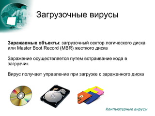 Компьютерные вирусы
Загрузочные вирусы
Заражаемые объекты: загрузочный сектор логического диска
или Master Boot Record (MBR) жесткого диска
Заражение осуществляется путем встраивание кода в
загрузчик
Вирус получает управление при загрузке с зараженного диска
 