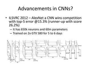 Advancements in CNNs?
• ILSVRC 2012 – AlexNet a CNN wins competition
with top-5 error @15.3% (runner-up with score
26.2%)
– It has 650k neurons and 60m parameters
– Trained on 2x GTX 580 for 5 to 6 days
 