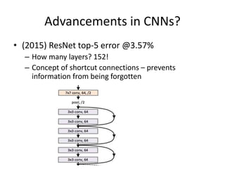 Advancements in CNNs?
• (2015) ResNet top-5 error @3.57%
– How many layers? 152!
– Concept of shortcut connections – prevents
information from being forgotten
 