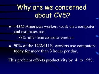 Why are we concerned
          about CVS?
   143M American workers work on a computer
    and estimates are:
     - 88% suffer from computer eyestrain

   90% of the 143M U.S. workers use computers
    today for more than 3 hours per day.

This problem effects productivity by 4 to 19% .
 