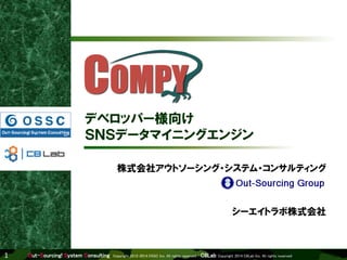 Out-Sourcing! System Consulting Copyright 2012-2014 OSSC Inc. All rights reserved / C8Lab Copyright 2014 C8Lab Inc. All rights reserved1
株式会社アウトソーシング・システム・コンサルティング
デベロッパー様向け
ＳＮＳデータマイニングエンジン
シーエイトラボ株式会社
 