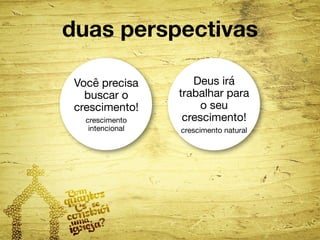 duas perspectivas 
Você precisa 
buscar o 
crescimento! 
crescimento 
intencional 
Deus irá 
trabalhar para 
o seu 
crescimento! 
crescimento natural 
 