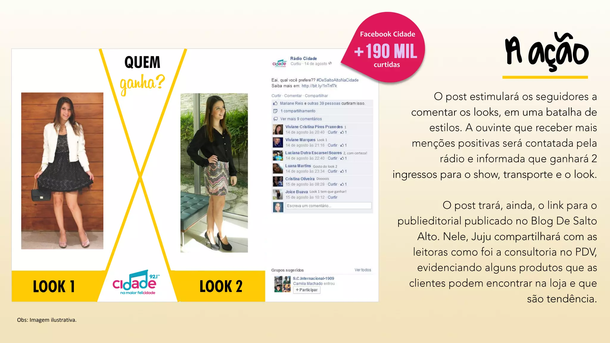 QUEM 
ganha? 
LOOK 1 
LOOK 2 
Obs: Imagem ilustrativa. 
1 
Look 1 
2, com certeza! 
Gosto do look 2 
Doooois 
Look 1 tem que ganhar! 
ação 
A 
curtidas 
+ 
FacebookCidade  