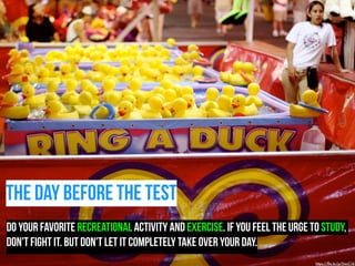 THE DAY BEFORE THE TEST 
do your favorite recreational activity and exercise. If you feel the URGE to study, 
don't fight IT. but don't let it completely take over your day. 
https://flic.kr/p/5wcC16 
 