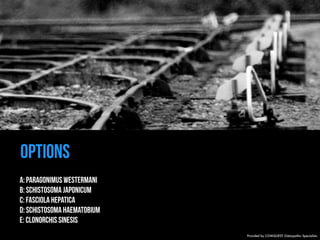 OPTIONS 
A: PARAGONIMUS WESTERMANI 
B: SCHISTOSOMA JAPONICUM 
C: FASCIOLA HEPATICA 
D: SCHISTOSOMA HAEMATOBIUM 
E: CLONORCHIS SINESIS 
Provided by COMQUEST Osteopathic Specialists. 
 