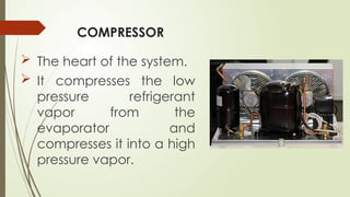 COMPRESSOR
 The heart of the system.
 It compresses the low
pressure refrigerant
vapor from the
evaporator and
compresses it into a high
pressure vapor.
 