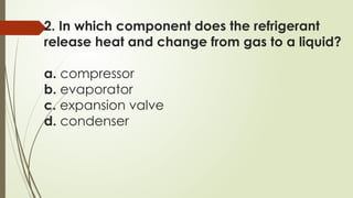2. In which component does the refrigerant
release heat and change from gas to a liquid?
a. compressor
b. evaporator
c. expansion valve
d. condenser
 