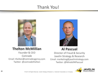 © 2014 All Rights Reserved. Javelin Strategy & Research, a Greenwich Associates LLC Company 
Thank You! 
Al Pascual Director of Fraud & Security Javelin Strategy & Research Email: marketing@javelinstrategy.com Twitter: @MindofAlPascual 
20 
Thelton McMillian Founder & CEO Comrade Email: thelton@comradeagency.com Twitter: @comradethelton 