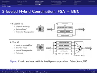 Introduction            State of the Art            Solution Detail            Experiments and Results   Conclusions            References


MaSE: Design



2-leveled Hybrid Coordination: FSA + BBC




               Figure: Classic and new artiﬁcial intelligence approaches. Edited from [45].


Jes´s Salvador Cepeda Barrera
   u                                                                                                              Tecnol´gico de Monterrey
                                                                                                                        o
Coordination of Multiple Robotic Agents for Disasters and Emergency Response                                                       33 / 81
 