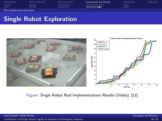 Introduction            State of the Art            Solution Detail            Experiments and Results   Conclusions            References


More Sophisticated Operations



Single Robot Exploration




                     Figure: Single Robot Real Implementations Results (Video). [11]



Jes´s Salvador Cepeda Barrera
   u                                                                                                              Tecnol´gico de Monterrey
                                                                                                                        o
Coordination of Multiple Robotic Agents for Disasters and Emergency Response                                                       54 / 81
 