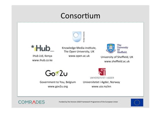 Funded	
  by	
  the	
  Horizon	
  2020	
  Framework	
  Programme	
  of	
  the	
  European	
  Union	
  
	
  
ConsorEum	
  
Knowledge	
  Media	
  insEtute,	
  
The	
  Open	
  University,	
  UK	
  
www.open.ac.uk	
  
	
  
iHub	
  Ltd,	
  Kenya	
  
www.ihub.co.ke	
  	
  
Universitetet	
  i	
  Agder,	
  Norway	
  
www.uia.no/en	
  
	
  
University	
  of	
  Sheﬃeld,	
  UK	
  
www.sheﬃeld.ac.uk	
  
	
  
Government	
  to	
  You,	
  Belgium	
  
www.gov2u.org	
  
	
  
 
