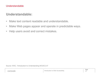 Understandable


Understandable:

• Make text content readable and understandable.
• Make Web pages appear and operate in predictable ways.
• Help users avoid and correct mistakes.




Source: W3C, “Introduction to Understanding WCAG 2.0”

                                                                                    Page
                                                Introduction to Web Accessibility   18
 
