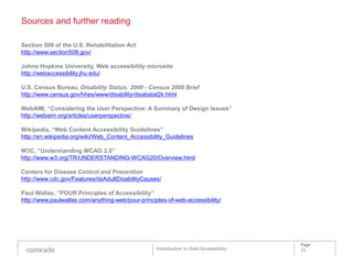 Sources and further reading

Section 508 of the U.S. Rehabilitation Act
http://www.section508.gov/

Johns Hopkins University, Web accessibility microsite
http://webaccessibility.jhu.edu/

U.S. Census Bureau, Disability Status: 2000 - Census 2000 Brief
http://www.census.gov/hhes/www/disability/disabstat2k.html

WebAIM, “Considering the User Perspective: A Summary of Design Issues”
http://webaim.org/articles/userperspective/

Wikipedia, “Web Content Accessibility Guidelines”
http://en.wikipedia.org/wiki/Web_Content_Accessibility_Guidelines

W3C, “Understanding WCAG 2.0”
http://www.w3.org/TR/UNDERSTANDING-WCAG20/Overview.html

Centers for Disease Control and Prevention
http://www.cdc.gov/Features/dsAdultDisabilityCauses/

Paul Wallas, “POUR Principles of Accessibility”
http://www.paulwallas.com/anything-web/pour-principles-of-web-accessibility/




                                                                                       Page
                                                   Introduction to Web Accessibility   23
 