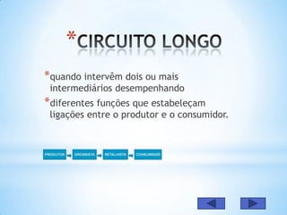 *
*quando intervêm dois ou mais
 intermediários desempenhando
*diferentes funções que estabeleçam
 ligações entre o produtor e o consumidor.
 