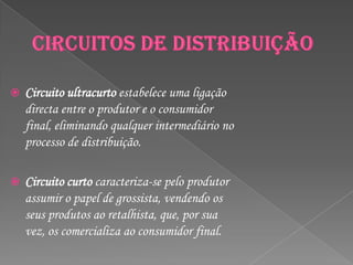    Circuito ultracurto estabelece uma ligação
    directa entre o produtor e o consumidor
    final, eliminando qualquer intermediário no
    processo de distribuição.

   Circuito curto caracteriza-se pelo produtor
    assumir o papel de grossista, vendendo os
    seus produtos ao retalhista, que, por sua
    vez, os comercializa ao consumidor final.
 