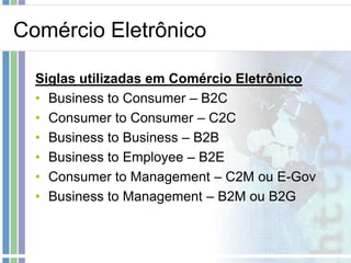 Comércio Eletrônico

  Siglas utilizadas em Comércio Eletrônico
  • Business to Consumer – B2C
  • Consumer to Consumer – C2C
  • Business to Business – B2B
  • Business to Employee – B2E
  • Consumer to Management – C2M ou E-Gov
  • Business to Management – B2M ou B2G
 