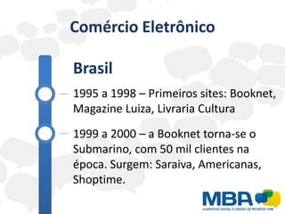 Comércio Eletrônico

Brasil
1995 a 1998 – Primeiros sites: Booknet,
Magazine Luiza, Livraria Cultura
1999 a 2000 – a Booknet torna-se o
Submarino, com 50 mil clientes na
época. Surgem: Saraiva, Americanas,
Shoptime.
 