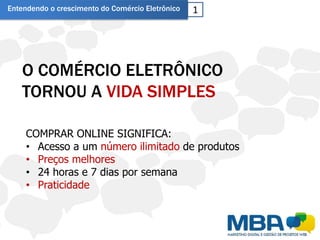 Entendendo o crescimento do Comércio Eletrônico   1




   O COMÉRCIO ELETRÔNICO
   TORNOU A VIDA SIMPLES

     COMPRAR ONLINE SIGNIFICA:
     • Acesso a um número ilimitado de produtos
     • Preços melhores
     • 24 horas e 7 dias por semana
     • Praticidade
 