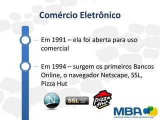 Comércio Eletrônico

Em 1991 – ela foi aberta para uso
comercial

Em 1994 – surgem os primeiros Bancos
Online, o navegador Netscape, SSL,
Pizza Hut
 