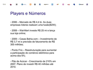 Players e Números
- 2006 – Mercado de R$ 4,4 bi. As duas
empresas líderes realizam uma fusão(B2W);

- 2008 – Wal-Mart investe R$ 25 mi e lança
sua loja online;

- 2009 – Casas Bahia.com – Investimento de
R$ 3,7 mi e previsão de faturamento de R$
300 milhões;

- Ponto Frio – Reestruturação para aumentar
a participação do comércio eletrônico para
acima dos 6%;

- Pão de Acúcar - Crescimento de 210% em
2007. Plano de investir R$ 40 milhões até
2010.
 