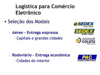 Seleção dos Modais Aéreo - Entrega expressa Capitais e grandes cidades Rodoviário - Entrega econômica Cidades do interior Logística para Comércio Eletrônico 
