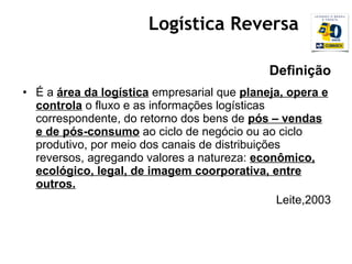 Logística Reversa Definição É a  área da logística  empresarial que  planeja, opera e controla  o fluxo e as informações logísticas correspondente, do retorno dos bens de  pós – vendas e de pós-consumo  ao ciclo de negócio ou ao ciclo produtivo, por meio dos canais de distribuições reversos, agregando valores a natureza:  econômico, ecológico, legal, de imagem coorporativa, entre outros. Leite,2003 