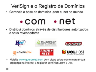 VeriSign e o Registro de Domínios Gerencia a base de domínios .com e .net no mundo Distribui domínios através de distribuidores autorizados e seus revendedores Hotsite  www.queromeu.com  com dicas sobre como marcar sua presença na internet e registrar domínios .com e .net 
