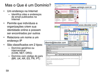 Mas o Que é um Domínio? Um endereço na Internet Identifica sites e endereços de email publicados na Internet Permite que indivíduos e organizações criem sua identidade online e possam ser encontrados por outros Relaciona um nome a um  endereço IP São classificados em 2 tipos: Domínio genérico ou internacional  (COM, NET, ORG) Domínio com código do país  (BR, UK, AR, ES, FR, PT) www.verisign.com.br www.decolar.com [email_address] 