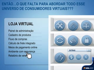 Painel de administração  Cadastro de produtos Fluxo de compras Cálculo de frete integrado Meios de pagamento online Ambiente com segurança  Relatório de vendas ENT ÃO… O QUE FALTA PARA ABORDAR TODO ESSE UNIVERSO DE CONSUMIDORES VIRTUAIS??? LOJA VIRTUAL EXTRAS 