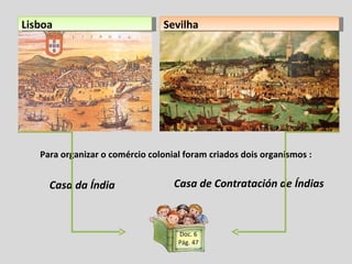Para organizar o comércio colonial foram criados dois organismos : Casa da Índia  Casa de Contratación de Índias Lisboa Sevilha Doc. 6 Pág. 47 