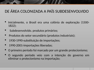 DE ÁREA COLONIZADA A PAÍS SUBDESENVOLVIDO
 Inicialmente, o Brasil era uma colônia de exploração (1500-
1822);
 Subdesenvolvido. produtos primários;
 Produtos do setor secundário (produtos industriais);
 1930-1990-substituição de importações;
 1990-2001-importações liberadas;
 O primeiro período foi marcado por um grande protecionismo;
 O segundo período veio com a intenção do governo em
eliminar o protecionismo na importação;
 
