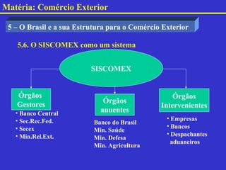 Matéria: Comércio Exterior

 5 – O Brasil e a sua Estrutura para o Comércio Exterior

   5.6. O SISCOMEX como um sistema


                          SISCOMEX


   Órgãos                                          Órgãos
   Gestores                   Órgãos
                                               Intervenientes
   • Banco Central           anuentes
   • Sec.Rec.Fed.                                • Empresas
                           Banco do Brasil
   • Secex                                       • Bancos
                           Min. Saúde
   • Min.Rel.Ext.                                • Despachantes
                           Min. Defesa
                                                   aduaneiros
                           Min. Agricultura
 