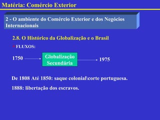 Matéria: Comércio Exterior

 2 - O ambiente do Comércio Exterior e dos Negócios
 Internacionais

   2.8. O Histórico da Globalização e o Brasil
   FLUXOS:

   1750          Globalização
                                         1975
                 Secundária

   De 1808 Até 1850: saque colonialcorte portuguesa.
   1888: libertação dos escravos.
 