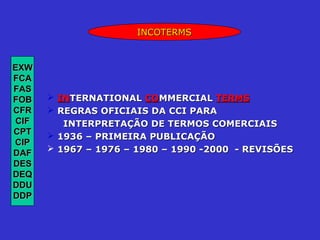 INCOTERMS


EXW
FCA
FAS
FOB    INTERNATIONAL COMMERCIAL TERMS
CFR    REGRAS OFICIAIS DA CCI PARA
CIF      INTERPRETAÇÃO DE TERMOS COMERCIAIS
CPT    1936 – PRIMEIRA PUBLICAÇÃO
CIP
       1967 – 1976 – 1980 – 1990 -2000 - REVISÕES
DAF
DES
DEQ
DDU
DDP
 