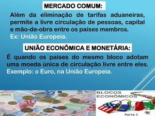 Além da eliminação de tarifas aduaneiras,
permite a livre circulação de pessoas, capital
e mão-de-obra entre os países membros.
Ex: União Europeia.
MERCADO COMUM:
UNIÃO ECONÔMICA E MONETÁRIA:
É quando os países do mesmo bloco adotam
uma moeda única de circulação livre entre eles.
Exemplo: o Euro, na União Europeia.
 