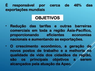 OBJETIVOS
É responsável por cerca de 46% das
exportações mundiais
• Redução das tarifas e outras barreiras
comerciais em toda a região Ásia-Pacífico,
proporcionando eficientes economias
nacionais e aumentando as exportações.
• O crescimento econômico, a geração de
novos postos de trabalho e a melhoria na
qualidade de vida dos cidadãos da região,
são os principais objetivos a serem
alcançados pela atuação da Apec.
 