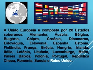 A União Europeia é composta por 28 Estados
soberanos: Alemanha, Áustria, Bélgica,
Bulgária, Chipre, Croácia, Dinamarca,
Eslováquia, Eslovénia, Espanha, Estónia,
Finlândia, França, Grécia, Hungria, Irlanda,
Itália, Letónia, Lituânia, Luxemburgo, Malta,
Países Baixos, Polónia, Portugal, República
Checa, Roménia, Suécia e Reino Unido.
 