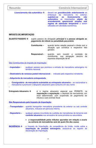 Resumão                                                   Comércio Internacional
      Licenciamento não automático           deverá ser providenciado anteriormente ao
                                              embarque da mercadoria no exterior;
                                              sujeitam-se      ao     licenciamento não
                                              automático, as importações objeto de
                                              arrendamento operacional simples sob
                                              regime de admissão temporária a serem
                                              utilizados em atividade econômica,



IMPOSTO DE IMPORTAÇÃO

SUJEITO PASSIVO         sujeito passivo da obrigação principal é a pessoa obrigada ao
                         pagamento do tributo ou penalidade pecuniária:

                         Contribuinte –       quando tenha relação pessoal e direta com a
                                              situação que constitua o respectivo fato
                                              gerador;

                         Responsável -        quando, sem revestir a condição             de
                                              contribuinte, sua obrigação decorra         de
                                              expressa disposição de lei

São Contribuintes do Imposto de Importação:

- Importador -    qualquer pessoa que promova a entrada de mercadoria estrangeira no
                  território nacional;

- Destinatário de remessa postal internacional -    indicado pelo respectivo remetente;

- Adquirente de mercadoria entrepostada;

-   Consignatário de mercadoria submetida ao entreposto aduaneiro – ao nacionalizar a
    mercadoria e promover o despacho aduaneiro para consumo em seu nome
-

Entreposto Aduaneiro          é o regime aduaneiro especial que PERMITE, na
                               importação e exportação, o depósito de mercadorias, em
                               local determinado, com suspensão do pagamento de
                               tributos e sob controle fiscal.

São Responsáveis pelo Imposto de Importação:

- Transportador - quando transportar mercadoria procedente do exterior ou sob controle
                  aduaneiro, inclusive em percurso interno;

- Depositário –   qualquer pessoa incumbida da custódia de mercadorias de terceiros sob
                  controle aduaneiro nos armazéns de zona primária ou secundária.

                  •   a responsabilidade pelos tributos apurados em relação a avaria
                      ou extravio de mercadorias será de quem lhe deu causa;

INCIDÊNCIA       o Imposto de Importação, de competência da União, incide sobre a
                  importação de produto estrangeiro; associa-se ao registro da
                  Declaração de Importação.



                                              19
 