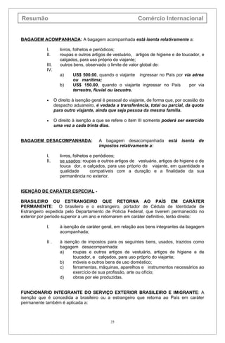 Resumão                                                       Comércio Internacional


BAGAGEM ACOMPANHADA: A bagagem acompanhada está isenta relativamente a:

            I.        livros, folhetos e periódicos;
            Il.       roupas e outros artigos de vestuário, artigos de higiene e de toucador, e
                      calçados, para uso próprio do viajante;
            III.      outros bens, observado o limite de valor global de:
            IV.
                      a)    US$ 500.00, quando o viajante ingressar no País por via aérea
                            ou marítima;
                      b)    US$ 150.00, quando o viajante ingressar no País       por via
                            terrestre, fluvial ou lacustre.

            •      O direito à isenção geral é pessoal do viajante, de forma que, por ocasião do
                   despacho aduaneiro, é vedada a transferência, total ou parcial, da quota
                   para outro viajante, ainda que seja pessoa da mesma família.

            •      O direito à isenção a que se refere o item III somente poderá ser exercido
                   uma vez a cada trinta dias.


BAGAGEM DESACOMPANHADA:                   A bagagem desacompanhada está isenta de
                                          impostos relativamente a:

            I.        livros, folhetos e periódicos;
            II.       se usados: roupas e outros artigos de vestuário, artigos de higiene e de
                      touca dor, e calçados, para uso próprio do viajante, em quantidade e
                      qualidade        compatíveis com a duração e a finalidade da sua
                      permanência no exterior.


ISENÇÃO DE CARÁTER ESPECIAL -

BRASILEIRO OU ESTRANGEIRO QUE RETORNA AO PAÍS EM CARÁTER
PERMANENTE: O brasileiro e o estrangeiro, portador de Cédula de Identidade de
Estrangeiro expedida pelo Departamento de Polícia Federal, que tiverem permanecido no
exterior por período superior a um ano e retornarem em caráter definitivo, terão direito:

            I.        à isenção de caráter geral, em relação aos bens integrantes da bagagem
                      acompanhada;

            II .      à isenção de impostos para os seguintes bens, usados, trazidos como
                      bagagem desacompanhada:
                      a)    roupas e outros artigos de vestuário, artigos de higiene e de
                            toucador, e calçados, para uso próprio do viajante;
                      b)    móveis e outros bens de uso doméstico;
                      c)    ferramentas, máquinas, aparelhos e instrumentos necessários ao
                            exercício de sua profissão, arte ou ofício;
                      d)    obras por ele produzidas.


FUNCIONÁRIO INTEGRANTE DO SERVIÇO EXTERIOR BRASILEIRO E IMIGRANTE: A
isenção que é concedida a brasileiro ou a estrangeiro que retorna ao País em caráter
permanente também é aplicada a:



                                                25
 