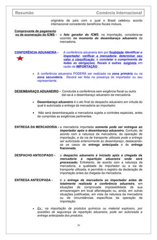 Resumão                                                 Comércio Internacional
                        originária de país com o qual o Brasil celebrou acordo
                        internacional concedendo benefícios fiscais mútuos.

Comprovante de pagamento
ou de exoneração do ICMS -    o fato gerador do ICMS, na importação, considera-se
                              ocorrido no momento do desembaraço aduaneiro da
                              mercadoria.


CONFERÊNCIA ADUANEIRA -          A conferência aduaneira tem por finalidade identificar o
                                 importador, verificar a mercadoria, determinar seu
                                 valor e classificação, e constatar o cumprimento de
                                 todas as obrigações, fiscais e outras, exigíveis em
                                 razão da IMPORTAÇÃO .

           •   A conferência aduaneira PODERÁ ser realizada na zona primária ou na
               zona secundária. Deverá ser feita na presença do importador ou seu
               representante.


DESEMBARAÇO ADUANEIRO - Concluída a conferência sem exigência fiscal ou outra
                        dar-se-á o desembaraço aduaneiro da mercadoria.

           •   Desembaraço aduaneiro é o ato final do despacho aduaneiro em virtude do
               qual é autorizada a entrega da mercadoria ao importador.

           •    Não será desembaraçada a mercadoria sujeita a controles especiais, antes
               de cumpridas as exigências pertinentes.


ENTREGA DA MERCADORIA - a mercadoria importada somente pode ser entregue ao
                        importador após o desembaraço aduaneiro. Contudo, de
                        acordo com a natureza da mercadoria, da operação de
                        importação, e da via de transporte utilizada pode a entrega
                        ser autorizada anteriormente ao desembaraço, destacando-
                        se os casos de entrega antecipada e de entrega
                        fracionada.

DESPACHO ANTECIPADO -         o despacho aduaneiro é iniciado após a chegada da
                              mercadoria à repartição aduaneira onde será
                              processado. Entretanto, de acordo com a natureza da
                              mercadoria, a qualidade do importador ou a via de
                              transporte utilizada, é permitido o registro da declaração de
                              importação antes da chegada da mercadoria.

ENTREGA ANTECIPADA -          é a entrega da mercadoria ao importador antes de
                              totalmente realizada a conferência aduaneira, em
                              situações de comprovada impossibilidade de sua
                              armazenagem em local alfandegado ou, ainda, em outras
                              situações justificadas, em vista da natureza da mercadoria
                              ou de circunstâncias específicas da operação de
                              importação.

           •   Ex.: na importação de produtos químicos ou material explosivo, por
               questões de segurança da repartição aduaneira, pode ser autorizada a
               entrega antecipada dos produtos.


                                          30
 