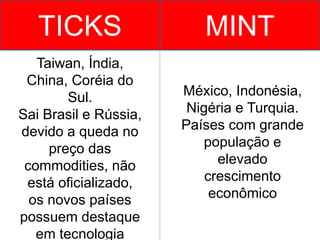 TICKS MINT
Taiwan, Índia,
China, Coréia do
Sul.
Sai Brasil e Rússia,
devido a queda no
preço das
commodities, não
está oficializado,
os novos países
possuem destaque
em tecnologia
México, Indonésia,
Nigéria e Turquia.
Países com grande
população e
elevado
crescimento
econômico
 