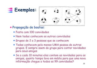 Exemplos:


Propagação de boatos:
  Festa com 100 convidados
  Nem todos conhecem os outros convidados
  Grupos de 2 a 3 pessoas que se conhecem
  Todos conhecem pelo menos UMA pessoa de outros
  grupos. E sempre saem do grupo para contar novidades
  para seus amigos
  Se a cada 10 minutos eles contam as novidades para os
  amigos, quanto tempo leva em média para que uma nova
  informação chegue a todos os 99 convidados?
                                                     22
 