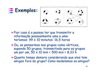 Exemplos:



Pior caso é a pessoa ter que transmitir a
informação pessoalmente uma a uma:
teríamos: 99 x 10 minutos: 16,5 horas
Ou, se pensarmos nos grupos como vértices,
supondo 50 grupos, transmitindo para os grupos
um por um, 50 x 10 min = 500 min = 8,33 h
Quanto tempo demora considerando que eles tem
amigos fora do grupo? Como modelamos os amigos?
                                                 23
 