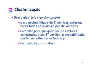 Clusterização
Grafo aleatório (random graph):
    p é a probabilidade de 2 vértices estarem
    conectados p/ qualquer par de vértices.
    Portanto para qualquer par de vértices
    conectados a um 3º vertice, a probabilidade
    deste par estar conectado é p.
    Portanto Crg = p = <k>/n




                                            54
 