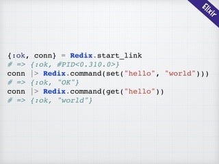 Elixir
{:ok, conn} = Redix.start_link
# => {:ok, #PID<0.310.0>}
conn |> Redix.command(set("hello", "world")))
# => {:ok, "OK"}
conn |> Redix.command(get("hello"))
# => {:ok, "world"}
 